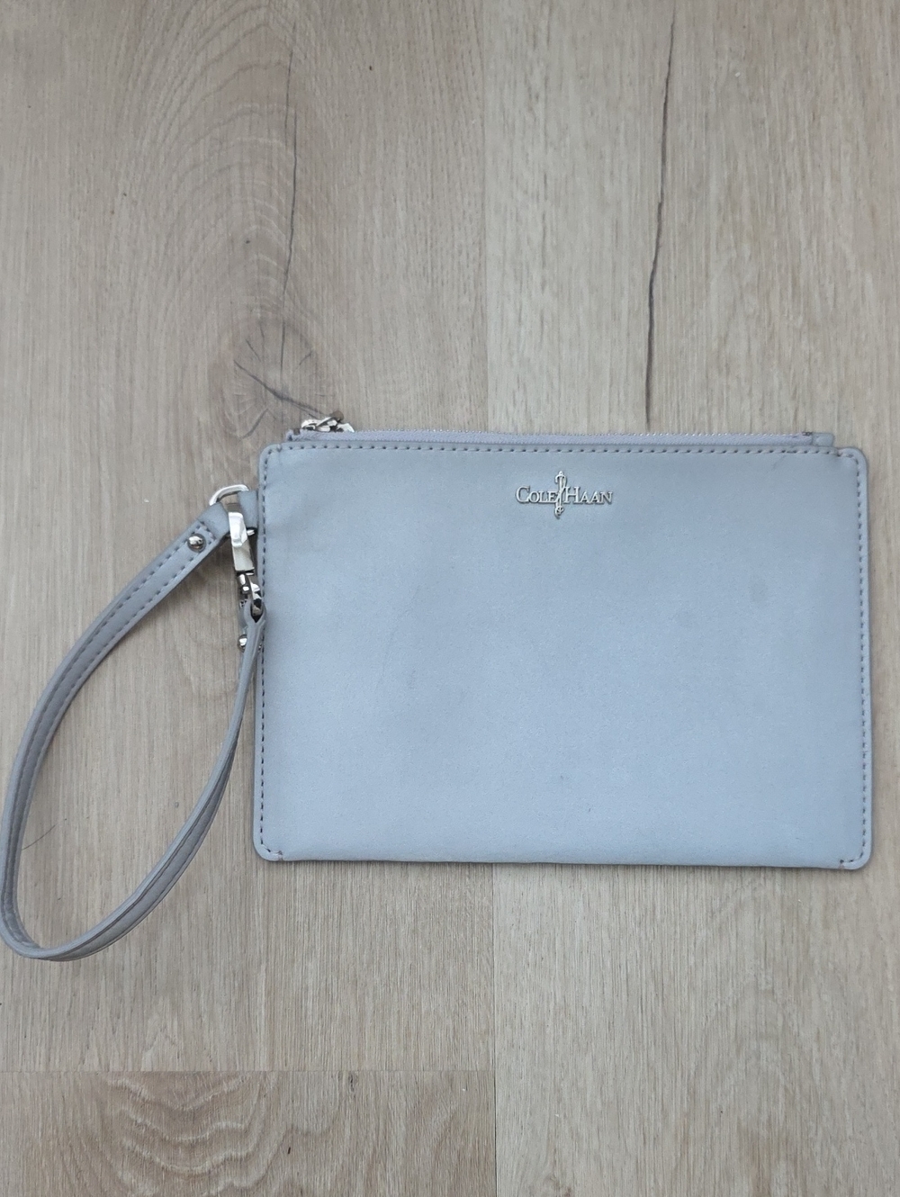 Cole Haan Light Gray Leather Flat Pouch Wristlet Clutch